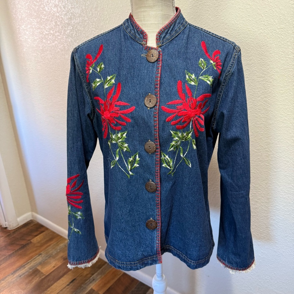 Carrie Allen - Embroidered Denim Jacket with Red Floral Accents - Size Large